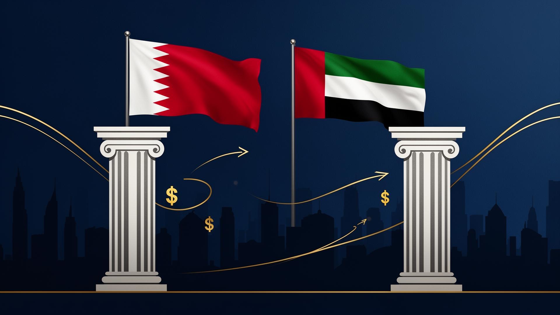 Bahrain and UAE flags above central bank columns symbolizing currency swap