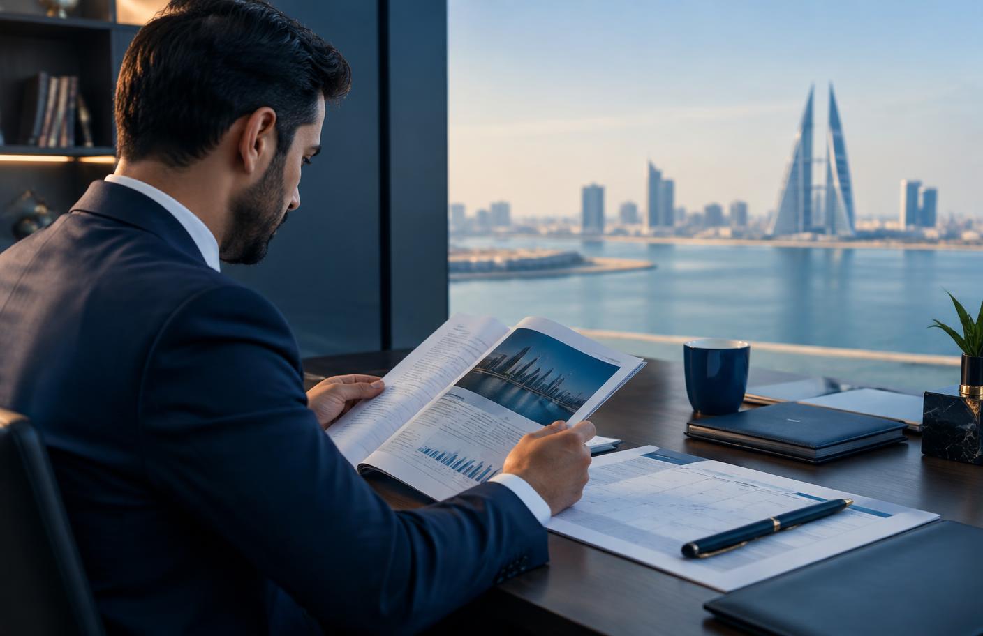 An investor reviewing a government securities prospectus in Manama