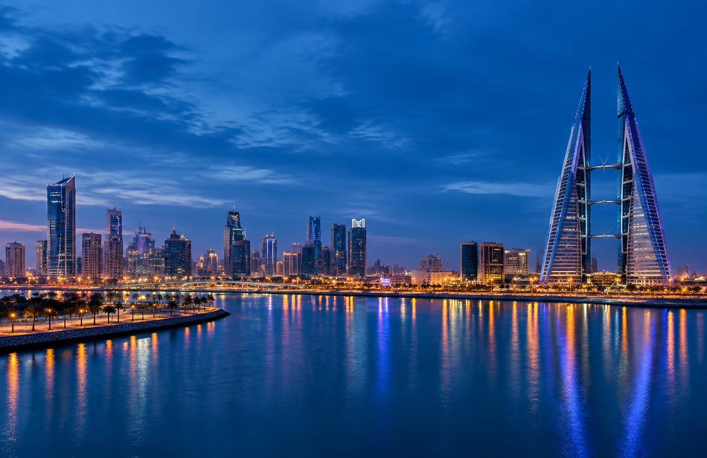 Manama skyline and financial district at blue hour