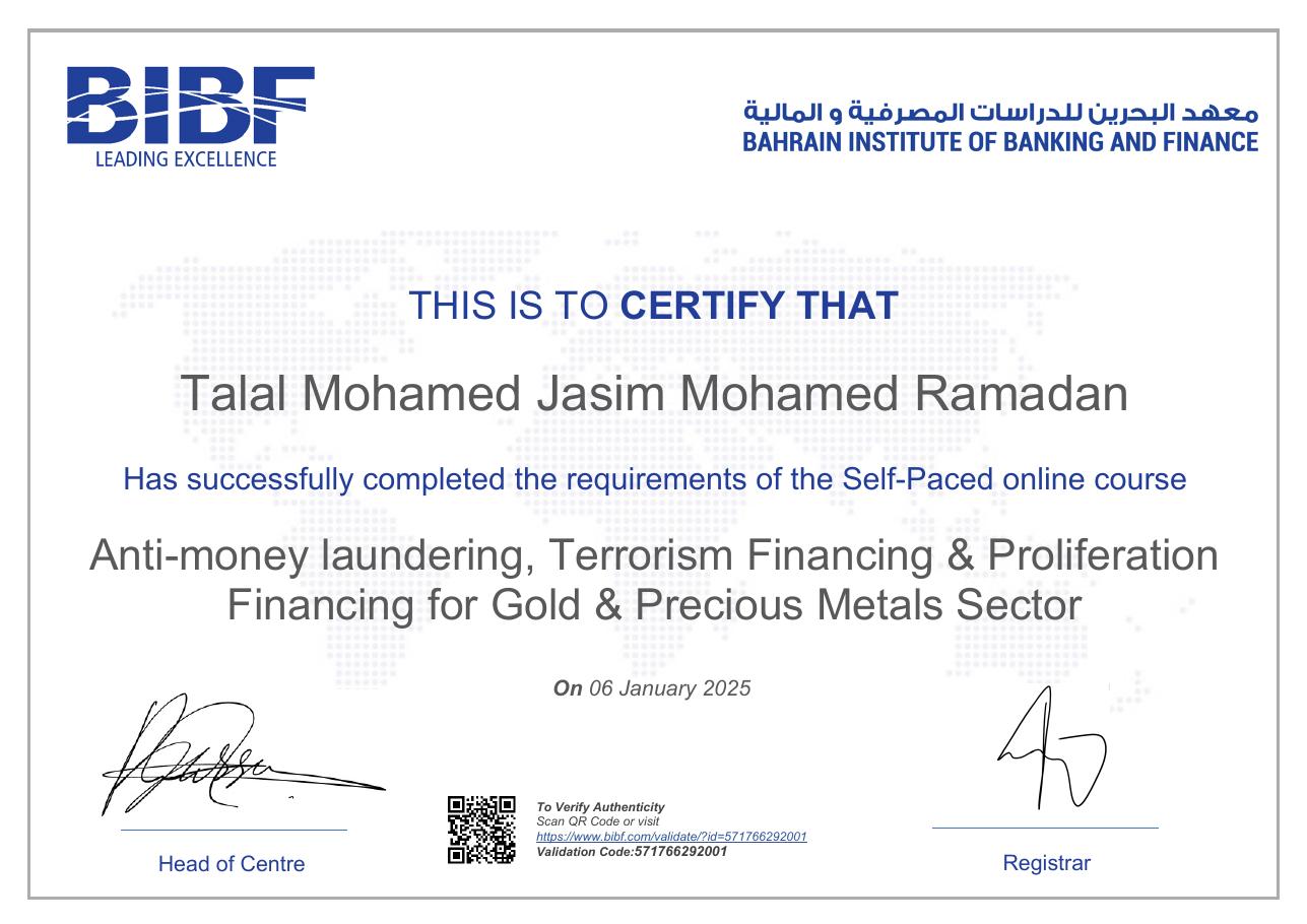 AML, Terrorism & Proliferation Financing, Gold & Precious Metals